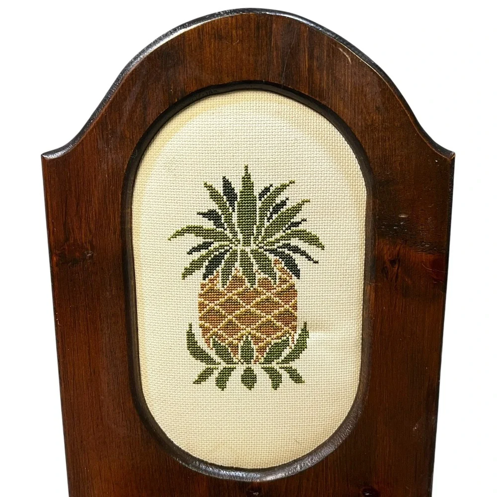 Vintage Pineapple Wall Pocket Mail Holder Needlepoint Wood Tropical Island Decor